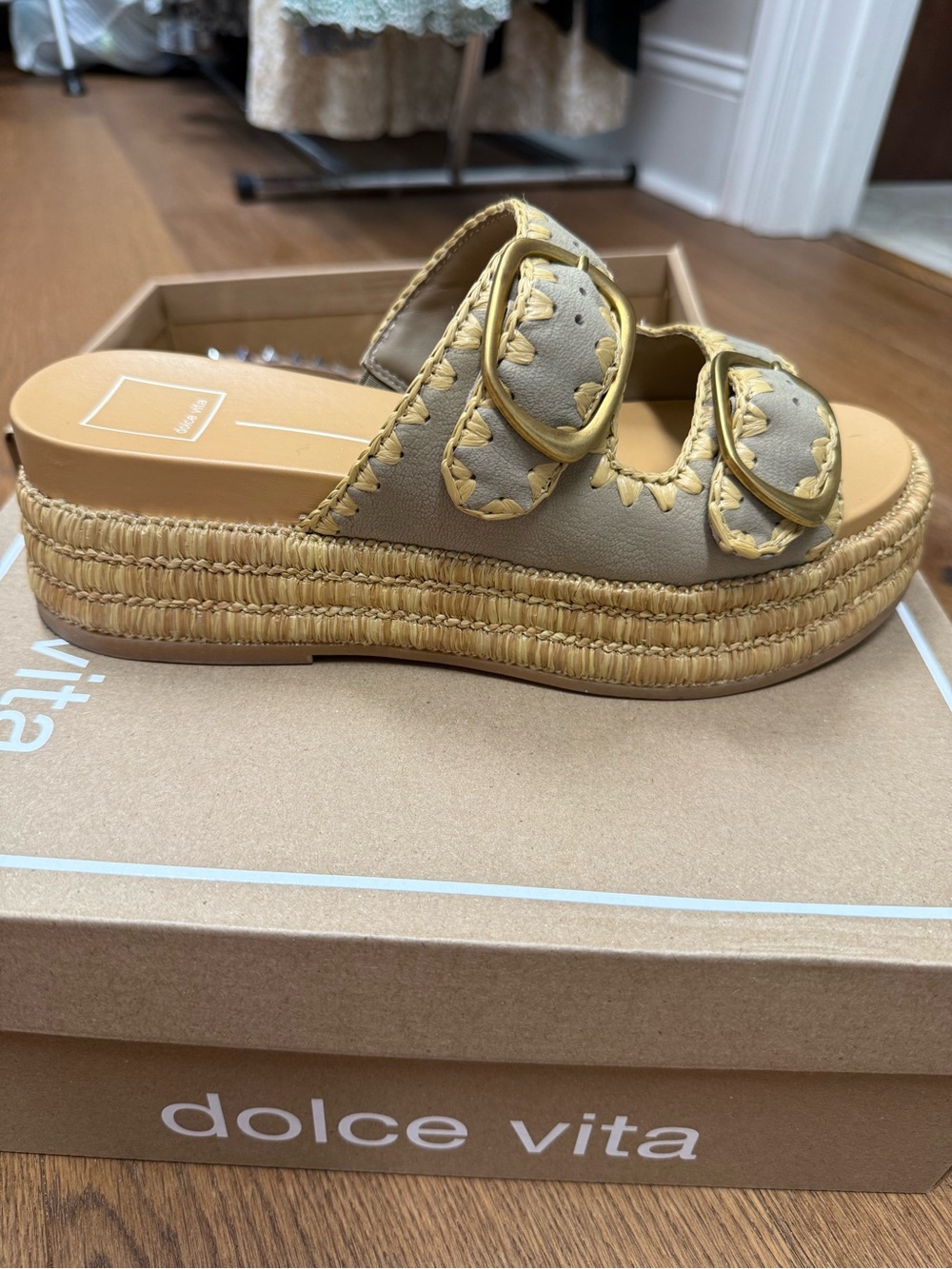 Dolce Vita Beige Tan Braided Platform Slide Sandals